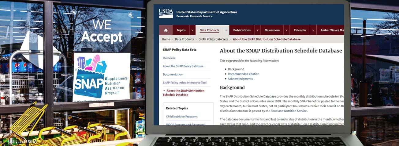 Photo collage: "We Accept SNAP" sign on grocery store window with a laptop computer screen featuring the ERS SNAP Distribution Schedule Database