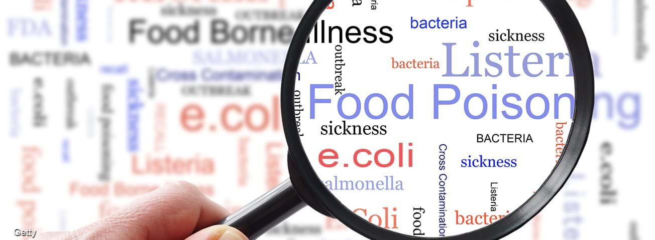 Food poisoning related terms, salmonella, e coli etc, in a word cloud with magnifying glass