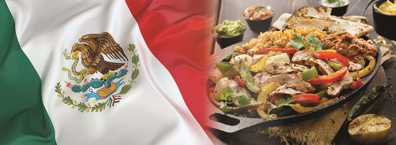 Photo illustration depicting Mexico's flag and a platter of Mexican food.