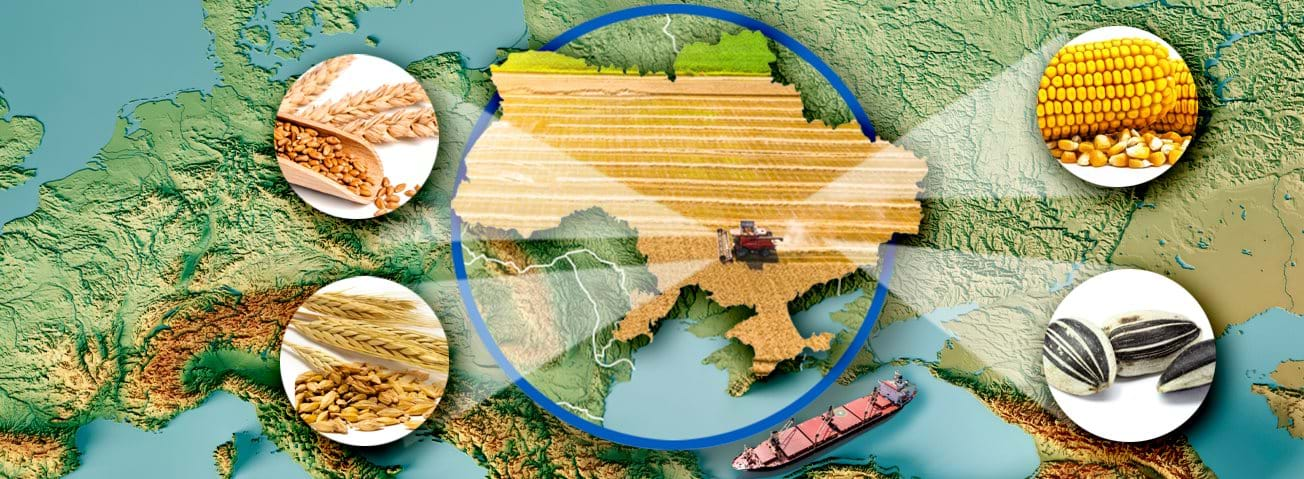 Graphic map of Ukraine with images of wheat, barley, corn, and sunflower seeds.