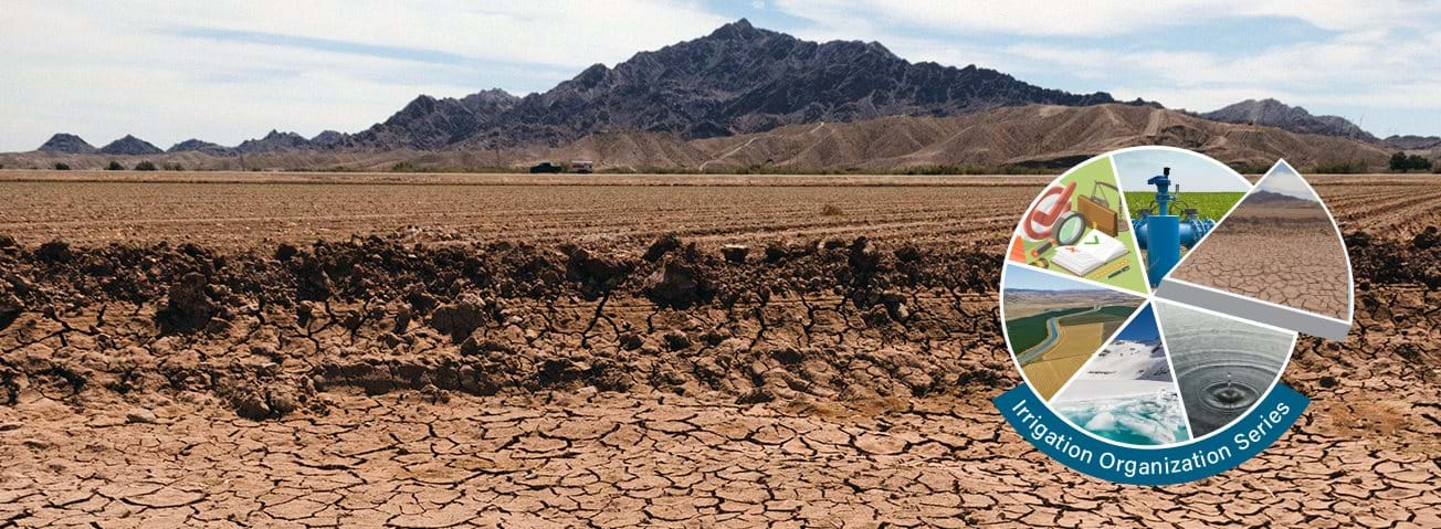 A picture of a dried-out farmland with the Irrigation Organization Series logo overlain on it. 