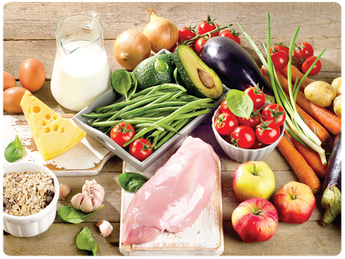 Spread of various meats, produce, grains, and dairy on wooden table