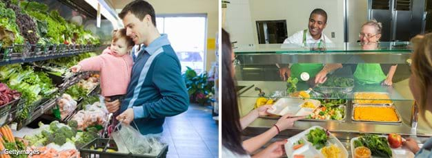 Photo collage: Man and child grocery shopping and students being served school in cafeteria