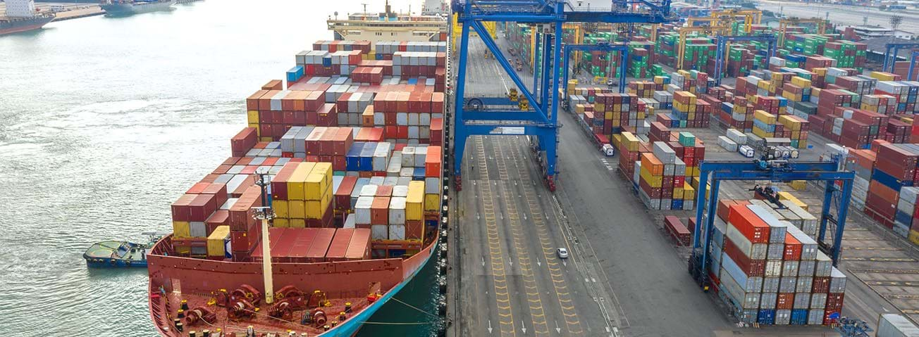 Container ship docked at port