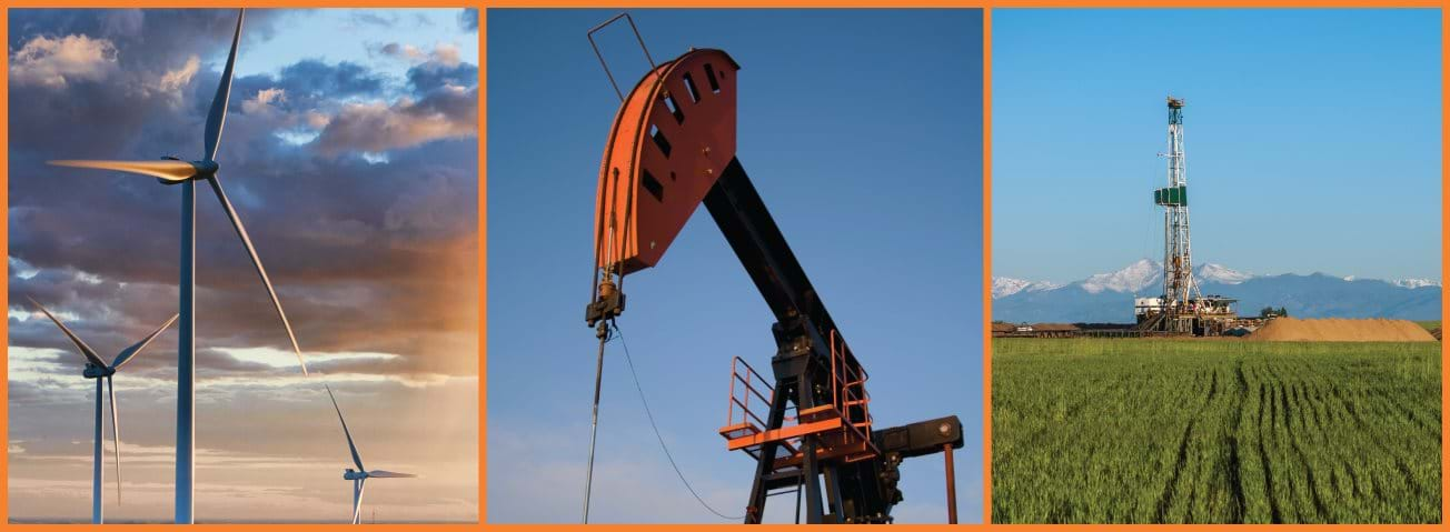 Photo collage showing various types of farmland energy production.