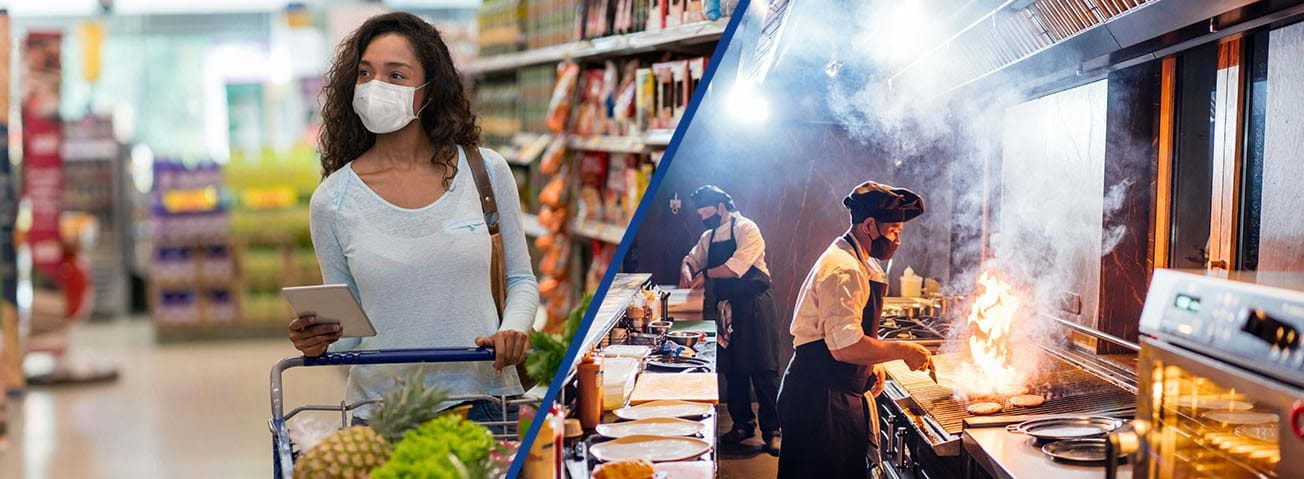 Masked person shopping and chef cooking at a restaurant