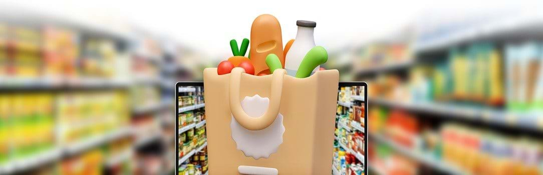 Illustration showing groceries in a bag in front of a computer screen positioned to appear like both are in an isle of groceries.