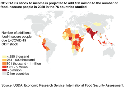 A world map using graduated colors to show higher concentration of food insecurity by country in 2020, indicating highest insecurity in African countries, Latin American countries to a lesser extent, Asia, then lowest in North African countries.