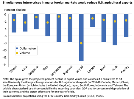 A bar chart indicating results of a simulated financial crisis by commodity with decreases in the value of U.S. exports ranging from 3.7 percent to 13 percent and decreases in volume ranging from less than 1 percent to 8 percent.