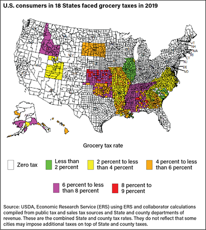 A map of the United States showing States and counties that tax groceries by tax rate in 2019.