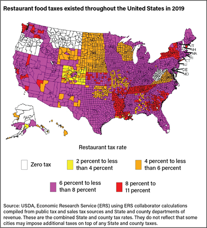 A map of the United States showing States and counties that tax food in restaurants by tax rate in 2019.