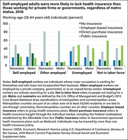 Bar chart showing percentage of adults in 2018 with no health insurance, employer-based insurance, direct-purchase insurance, or public insurance in metro and nonmetro counties by worker status.