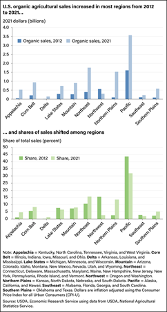 Two bar charts, one comparing organic sales in 2021 with 2012 in 11 U.S. regions, the other comparing shares of organic sales in 2021 with 2012 in the same regions.