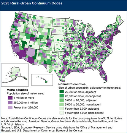 A map shows U.S. metropolitan (metro) counties by the population size of their metro area, and nonmetropolitan (nonmetro) counties by their degree of urbanization and adjacency to a metro area.