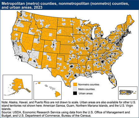 A map shows the overlap of urban areas and metro/nonmetro counties according to 2023 definitions.