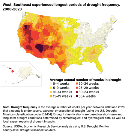 County-level map of the United States showing the average annual number of weeks in drought from 2000 to 2023.