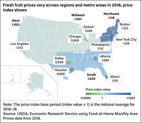 U.S. map showing the price index for select cities in the West, Midwest, Northeast, and South regions in 2018.