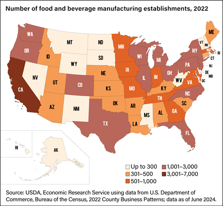 U.S. map showing the number food and beverage manufacturing establishments by State, including D.C., in 2022.