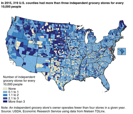 A map of the continental United States showing the number of independent grocery stores for every 10,000 residents in 2015 by county