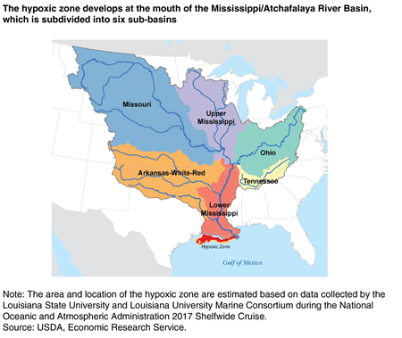 A map showing the hypoxic zone in the Gulf of Mexico and the six sub-basins of the Mississippi/Atchafalaya River Basin.