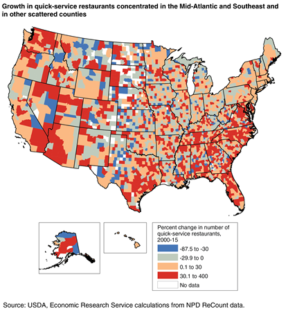 A U.S. map showing the percent change in number of quick-service restaurants over 2000 to 2015 by county.