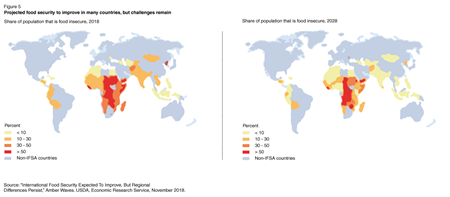 Maps show share of population that is food insecure in 2018 and projected for 2028