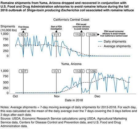 Chart showing shipments of romaine lettuce from California’s Central Coast and Yuma Arizona from October through December 2018, with shipments from Yuma falling substantially in late November and then recovering in December.
