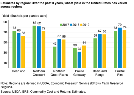 A bar chart that shows wheat yields by region in the United States over the past 3 years have varied across regions.