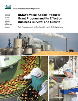 Photo collage showing an ethanol plant and large pile of corn, a female worker sorting apples in an apple processing factory, and a worker inspecting goat butter