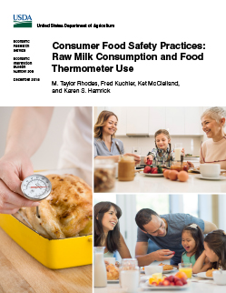 Collage of three photos: (1) a hand holding a meat thermometer sticking out of a roast chicken; (2) two women and a child enjoying a meal with eggs, strawberries, and nut butter; (3) family enjoying a meal including glasses of milk.